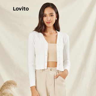 Lovito Áo len thường Nút trơn Cổ V Sơ mi dài tay L21LT117 (Trắng)