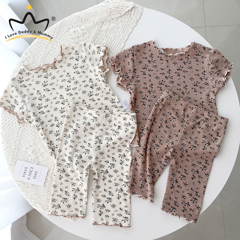 Set Đồ Mùa Hè 2 Món Gồm Áo Thun Cotton Tay Cộc In Họa Tiết Hoa + Quần Dài Cho Bé Gái