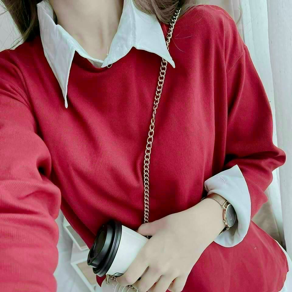 [8.8 Sales Freeship] Set đồ nữ 2 món, set đầm sơ mi trắng kèm áo đỏ chui đầu tay dài dấu quần dễ thương