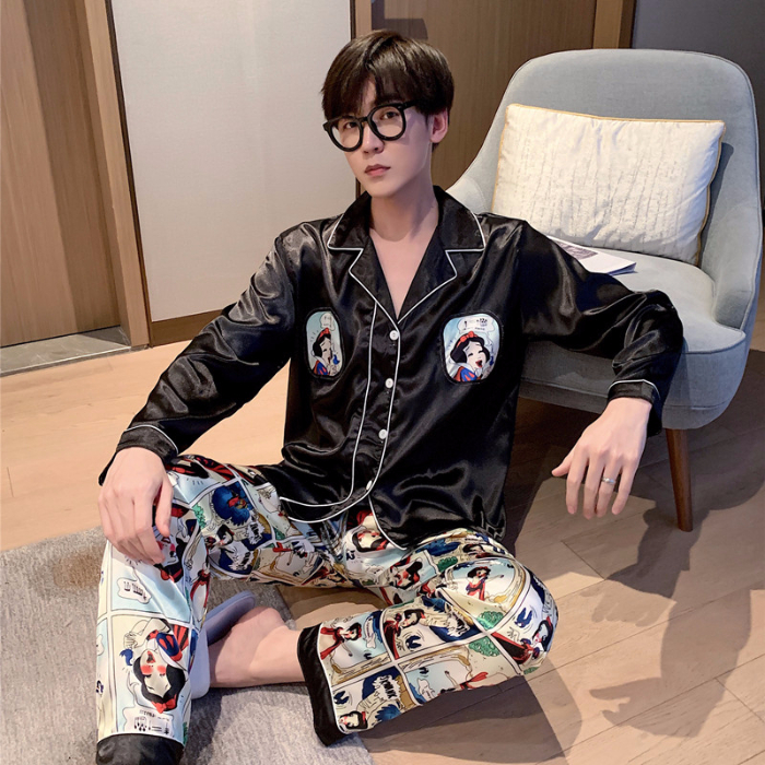 Bộ đồ ngủ tay dài vải lụa phong cách Hàn Quốc cho nam cỡ L-5XL