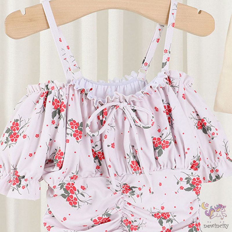 Đồ Bơi Một Mảnh In Hoa Phong Cách Hàn Quốc Kèm Mũ Bơi Cho Bé Gái