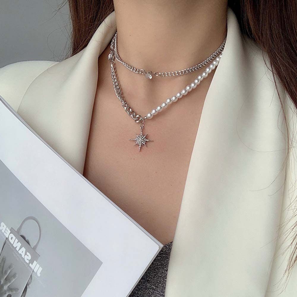 Vòng cổ choker hai lớp đính hạt ngọc trai hình ngôi sao phong cách Hàn Quốc cho nữ