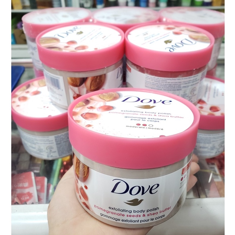 Tẩy tế bào chết Dove Exfoliating Body Polish Scrub 298g - HẠT MỠ VÀ HẠT LỰU