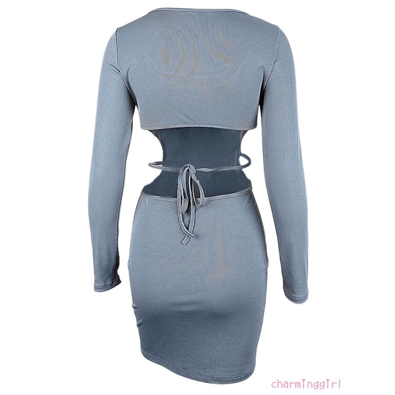 CHM-Women´s Short Bodycon Dress Solid Color Back Hollow-Out Long Sleeve Low-Cut Dress Spring Wrapped Hip Dress