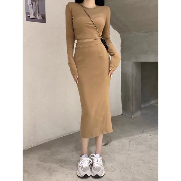 Set áo croptop dài tay + chân váy dáng dài ôm body thun thời trang vintage cho nữ