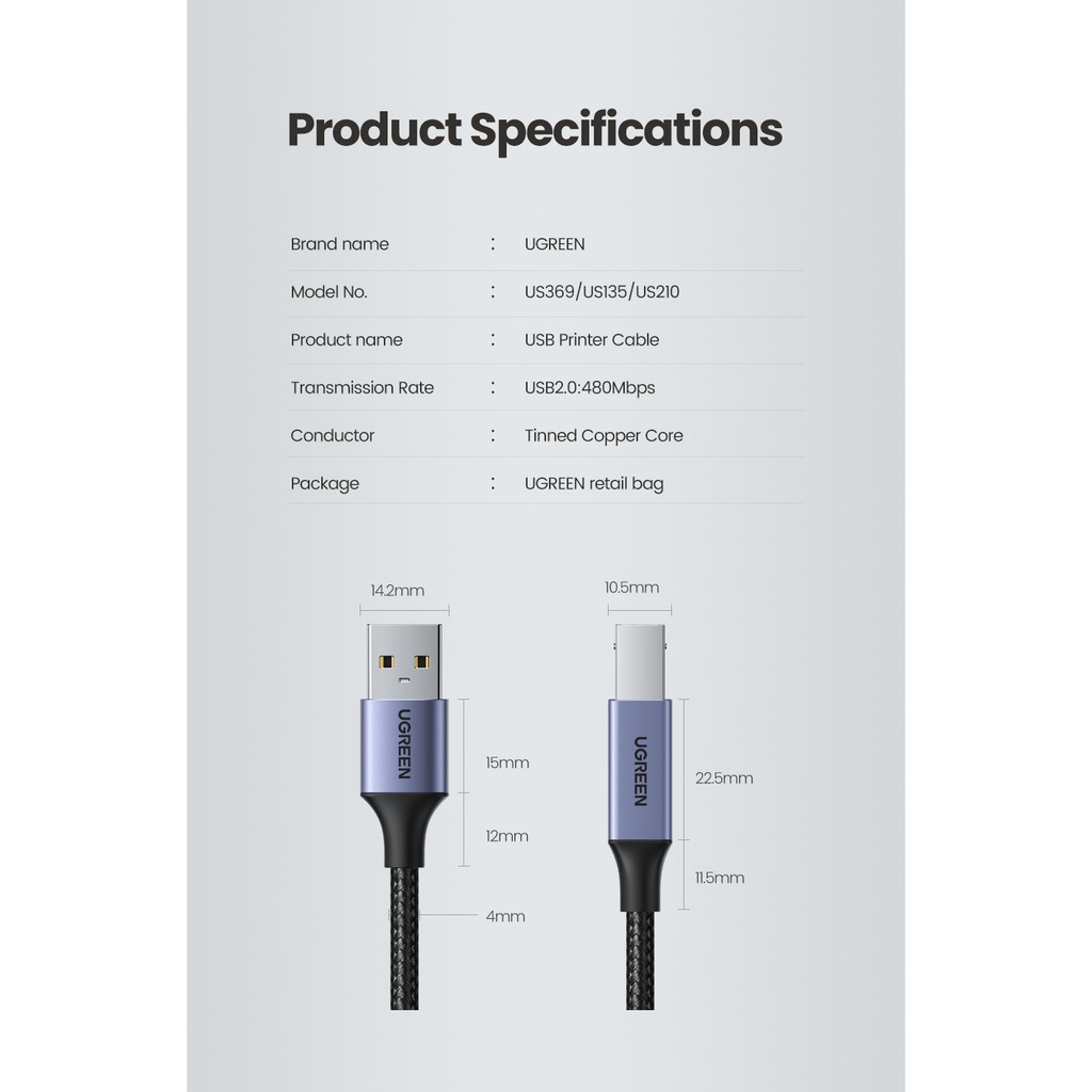 Dây cáp máy in UGREEN chuyển đổi USB đầu cắm type B sang đầu cắm USB 2.0 thích hợp cho Canon Epson HP ZJiang