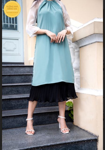 SET ÁO DÀI YẾM XANH VỎ ĐẬU CHÂN VÁY DẬP LY