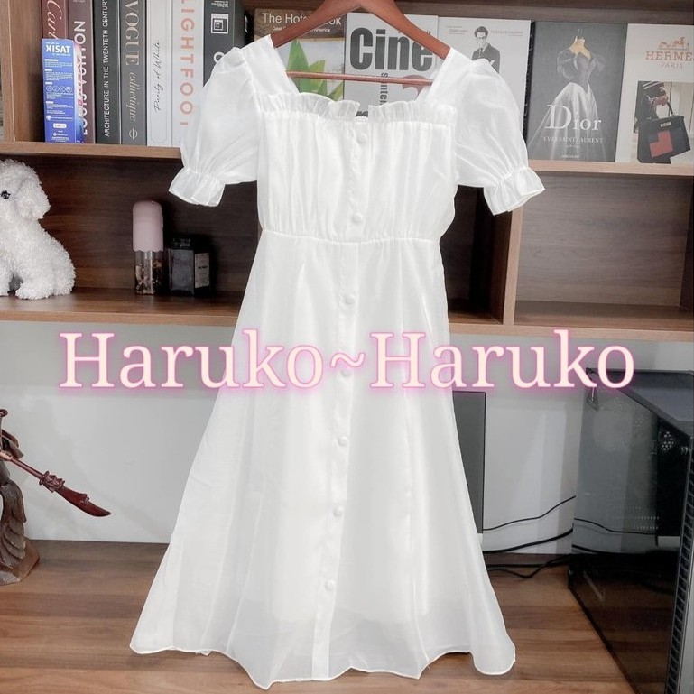 [Ảnh thật/Video] Đầm cổ vuông viền bèo, Đầm váy cúc bọc tay bồng - Haruko Closet