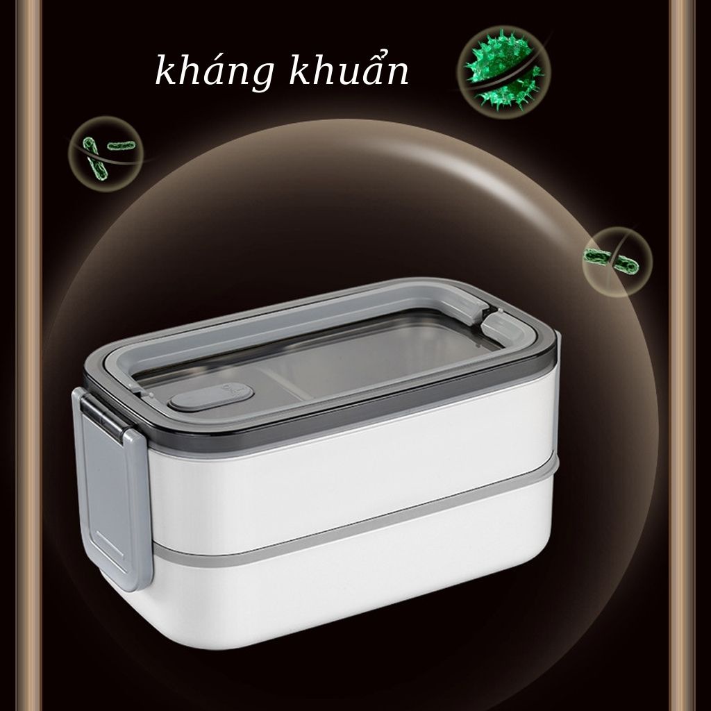 Hộp cơm văn phòng giữ nhiệt 2 tầng 3 ngăn inox 304, tặng kèm túi đựng cách nhiệt 3 lớp và đũa thìa