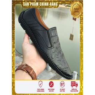 Giày lười nam da bò vân cá sấu - màu đen