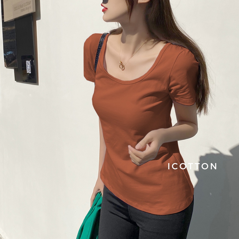 Áo thun nữ cổ vuông cộc tay iCotton form dáng ôm vừa tôn dáng basic chất đẹp cao cấp 100% cotton có biggsize