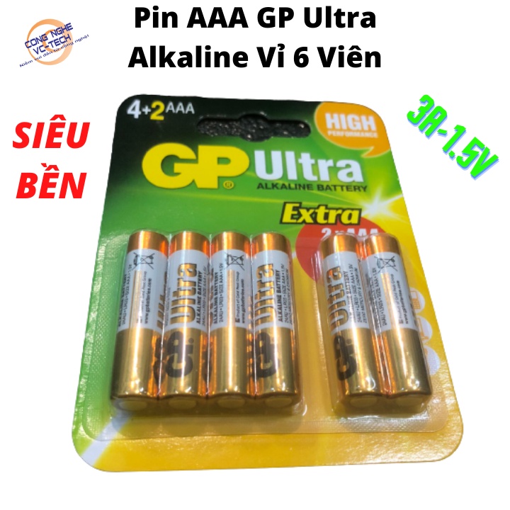 Pin AAA GP Ultra Alkaline Vỉ 6 Viên-DÒNG ĐIỆN ỔN ĐỊNH- Dùng cho máy ảnh, cửa từ,máy đo huyết áp, thiết bị điều khiển ...