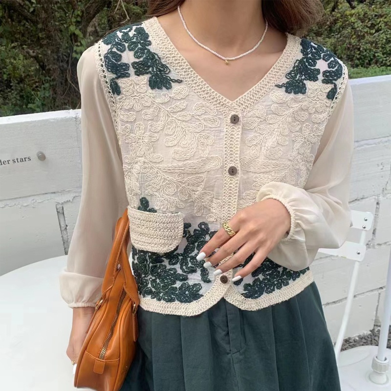 Áo Khoác Cardigan Vải Chiffon Cổ V Tay Phồng Thêu Hoa Phối Nút Màu Sắc Tương Phản Thời Trang Mùa Thu Cho Nữ
