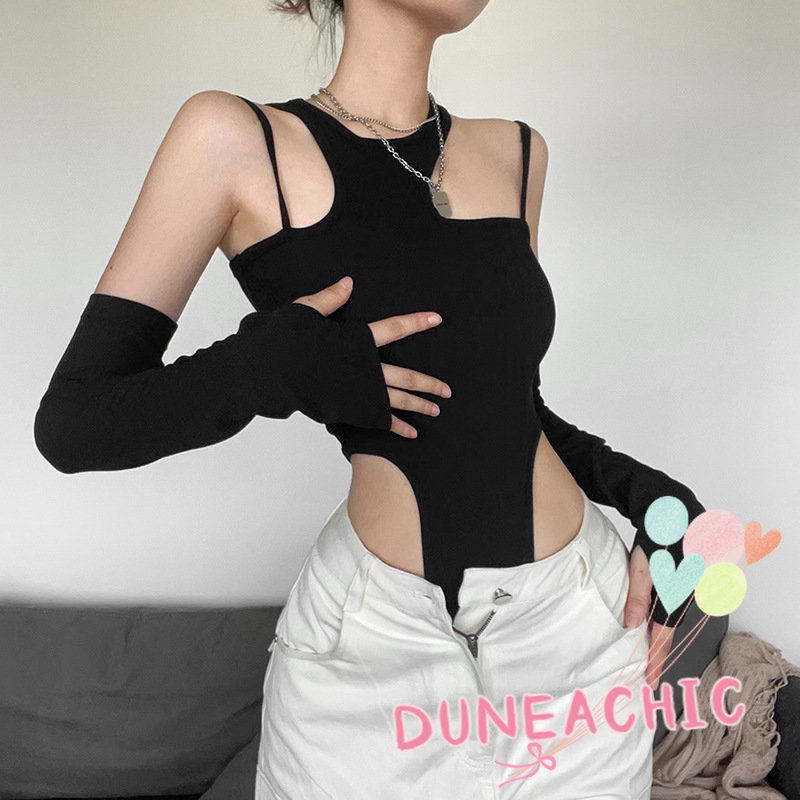 DUNEA Bộ Áo Liền Quần Ôm Dáng Có Găng Tay Và Dây Đeo Quyến Rũ Dành Cho Nữ