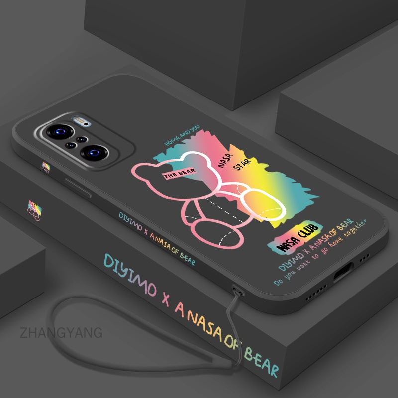 Ốp Điện Thoại TPU Silicon Viền Thẳng Họa Tiết Gấu Kèm Dây Đeo Cho Redmi note 10 pro note 10