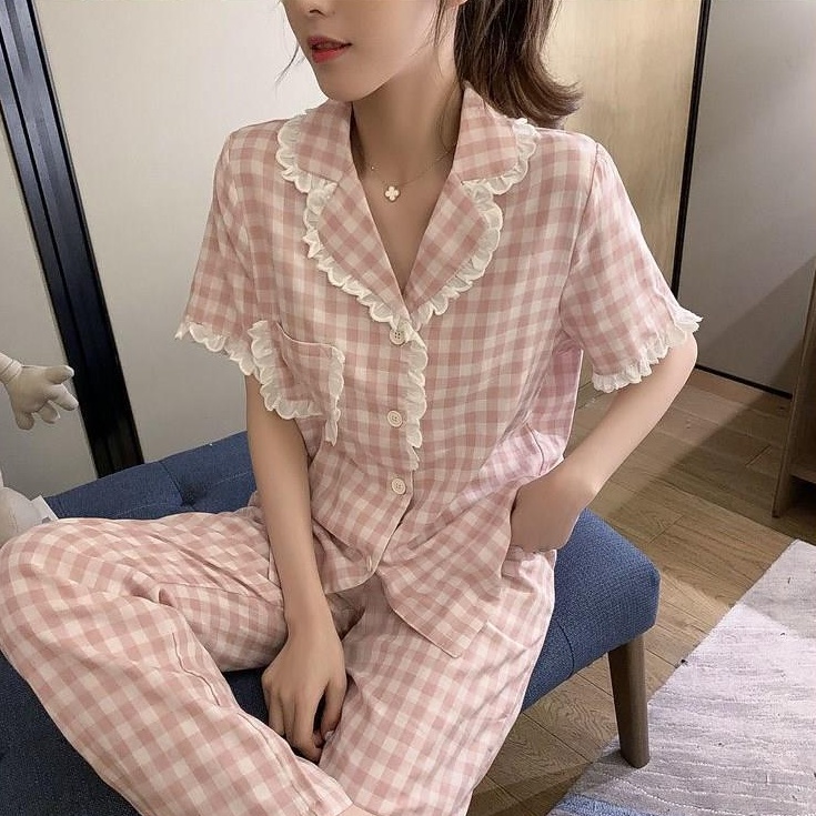 Bộ đồ ngủ nữ tay ngắn kẻ sọc caro thoải mái thời trang xuân thu phong cách Hàn Quốc | BigBuy360 - bigbuy360.vn