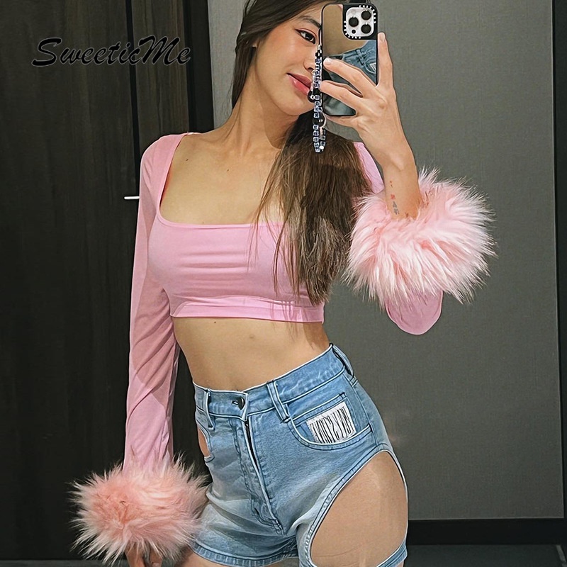 Áo Thun Tay Dài Cổ Chữ U Màu Trơn Form Ôm SweeticMe   Thời Trang Cho Nữ