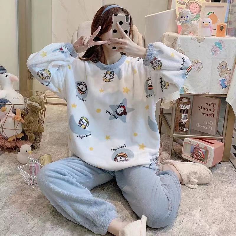 Bộ đồ ngủ nữ lông cừu san hô mùa thu và mùa đông phụ nữ mùa đông dày dặn bằng vải nỉ nhung 2022