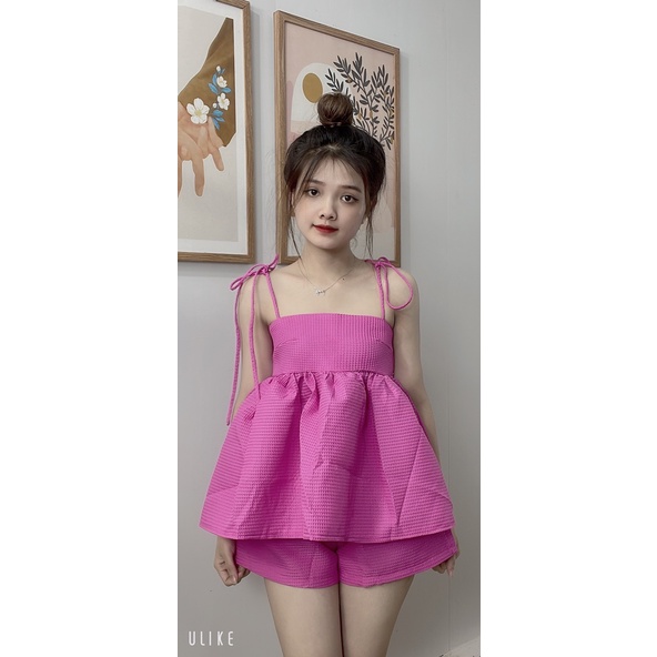 Set babydoll nữ ,set đồ nữ babydoll ,áo bánh bèo babydoll dây cột nơ kèm quần chất xốp đứng form siêu xinh PLS60