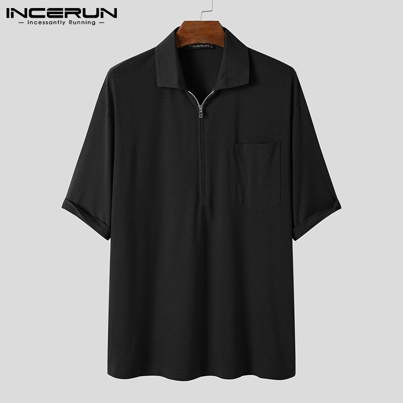 Áo polo INCERUN cổ lật ngắn tay dáng rộng đơn giản màu trơn thời trang dành cho nam