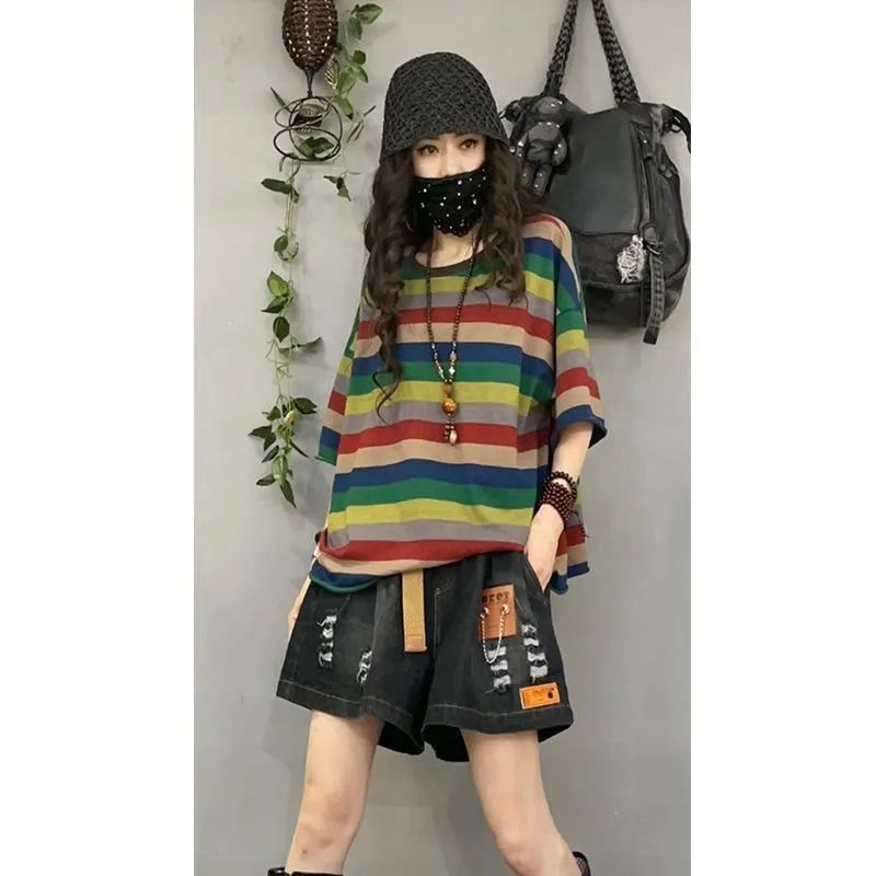 Áo Thun 100% Cotton Tay Ngắn Dáng Rộng Họa Tiết Kẻ Sọc Màu Sắc Thời Trang Cho Nữ