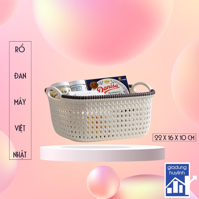 Rổ nhựa giả đan mây có quai cầm cỡ nhỏ Việt Nhật 3377-1 - Rổ nhựa chữ nhật có quai nhỏ đựng mỹ phẩm đồ gia dụng