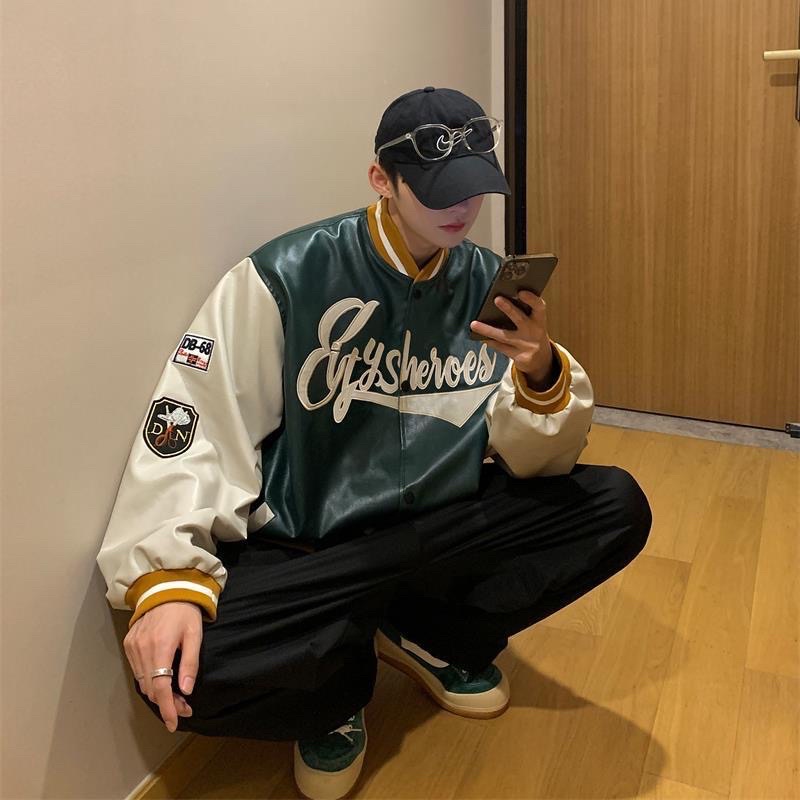 Áo khoác da bomber varsity jacket nam nữ EIGT thêu chữ cực chất