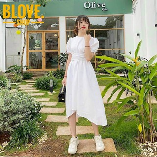 Đầm trắng form dài lệch tà