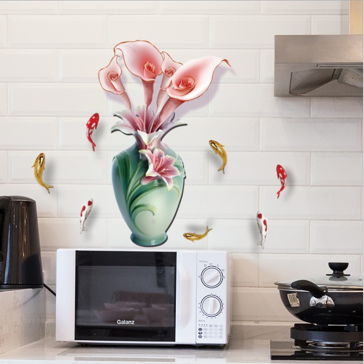Decal trang trí tường - Chậu Hoa sứ xanh và Hoa liLy hồng nhạt 3D