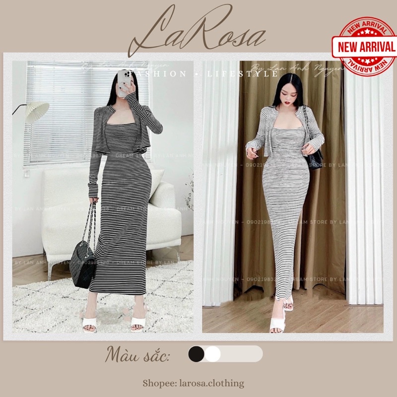 Set Đầm Body 2 Dây Dáng Dài Kèm Khoác, Set Đầm Body Kẻ sọc