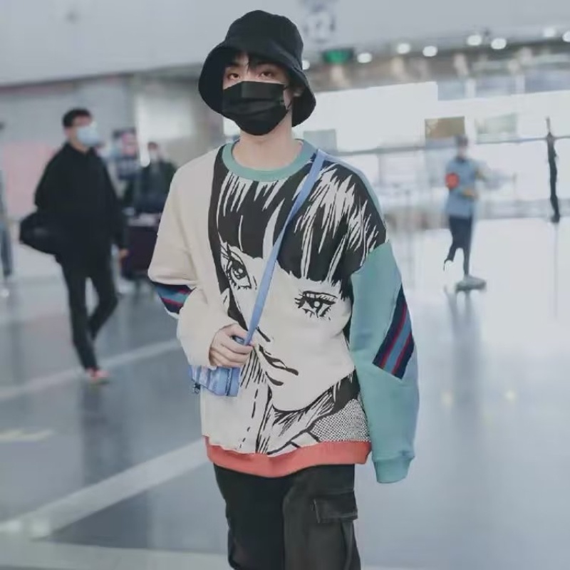 ♞AFF LIGA♞ Áo Sweater Cổ Tròn Tay Dài Dáng Rộng In Họa Tiết Hoạt Hình Màu Tương Phản Thời Trang Mùa Thu Cho Nam Và Nữ