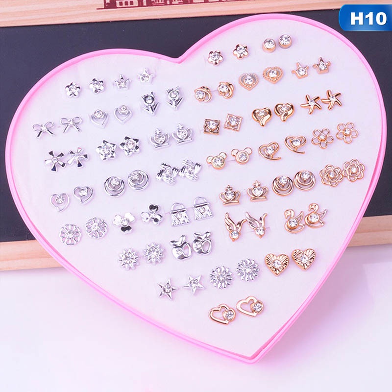 Set 36 đôi bông tai hình trái tim đính đá thời trang