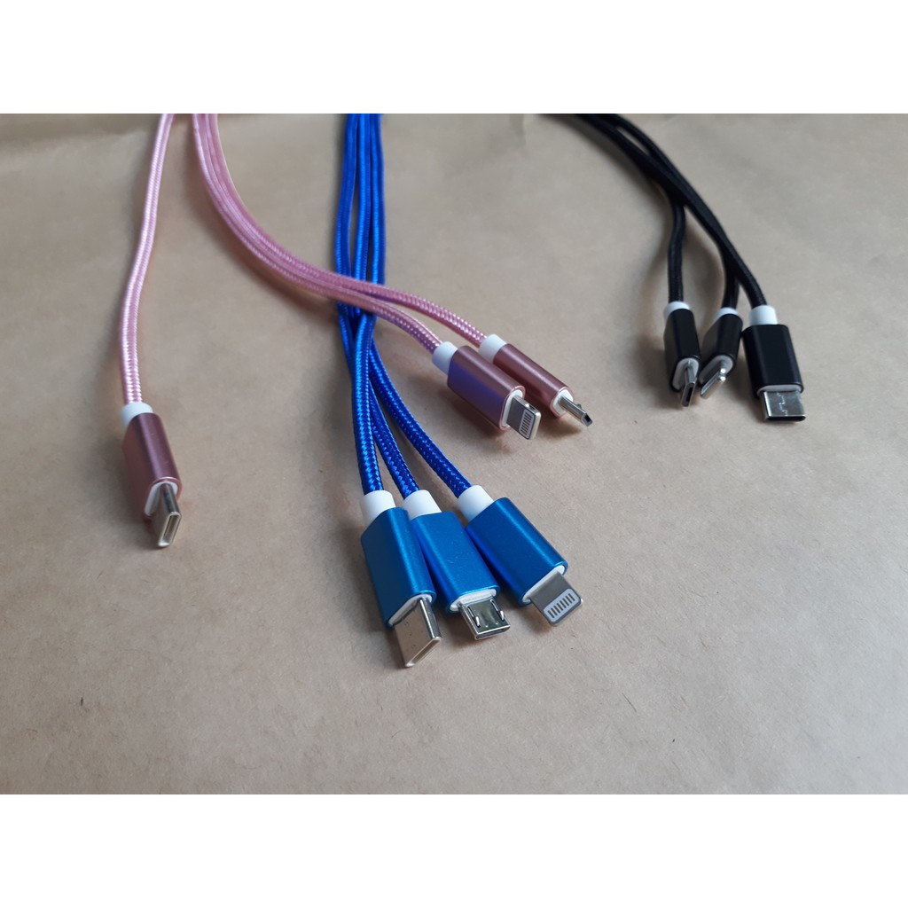Cáp Sạc Điện Thoại Nhanh Tiện Ích Với 3 Cổng Ra Dây Dù 3 in 1