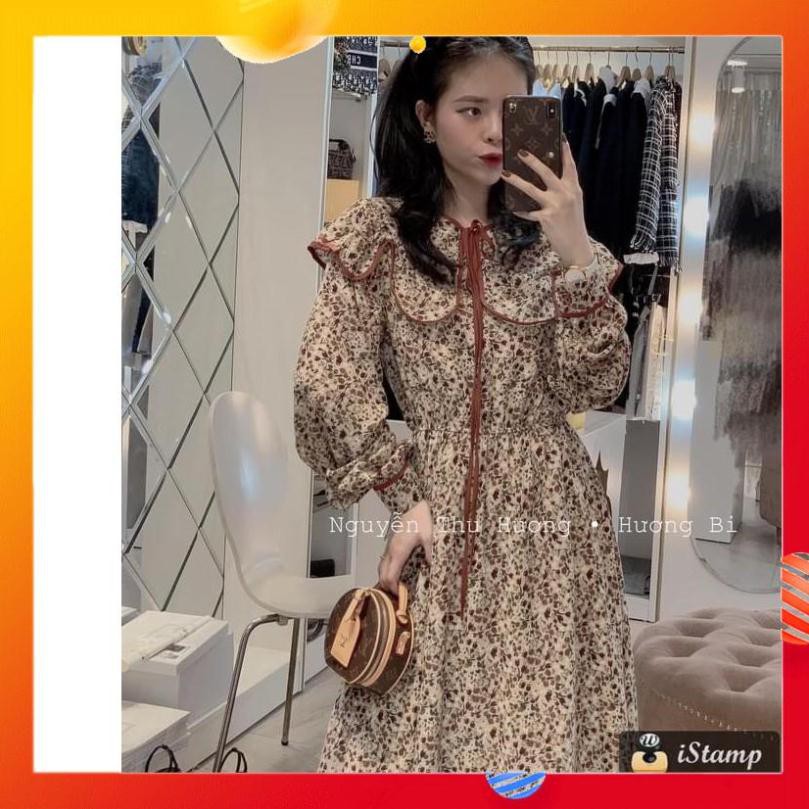 Váy Xòe Tay Phồng Dáng Dài, Đầm Cổ Bèo ( có thể tháo rời ) dài Họa Tiết Hoa Nhí Eo Chun Tay Bồng Style Tiểu Thư Hàn Quốc