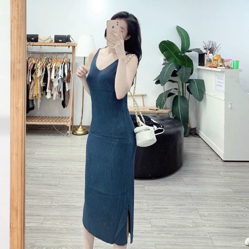 Váy len motoghi 2 dây cổ tim hàng QC