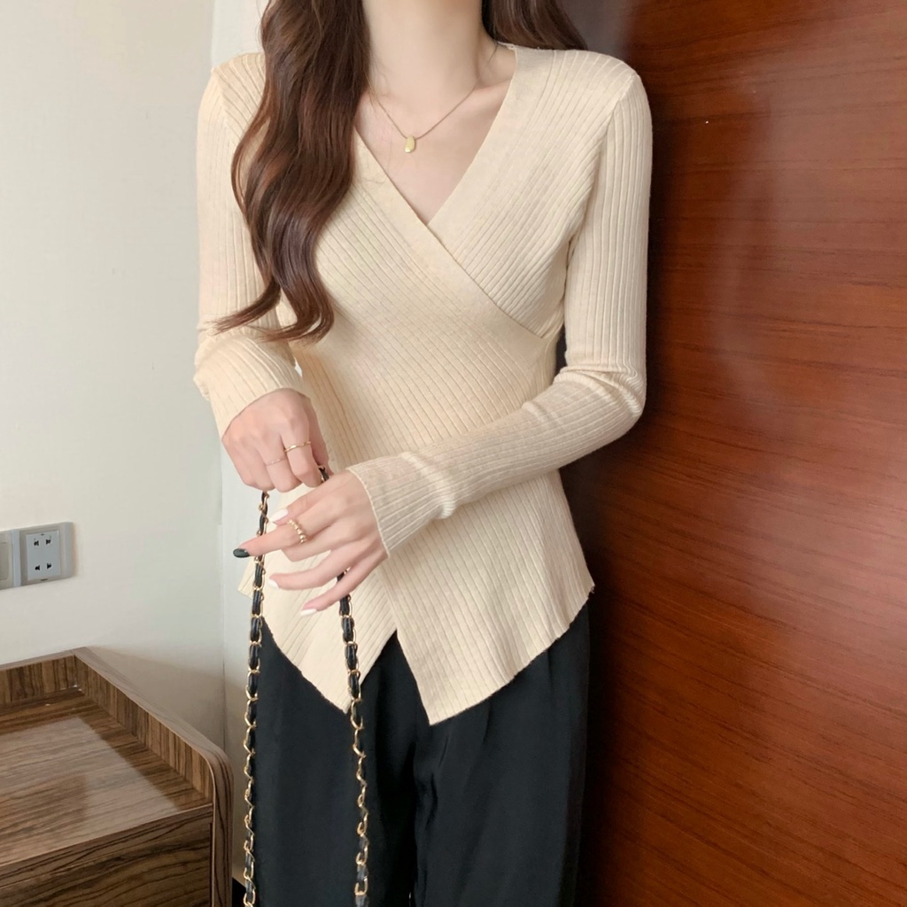 Áo len dệt kim cổ V vạt chéo dáng ôm nữ tính thích hợp thời tiết thu đông Inin Shop