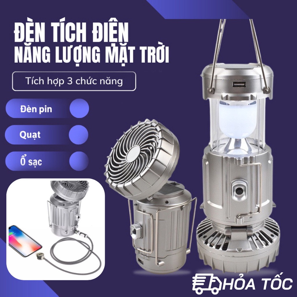 Đèn Pin Năng Lượng Mặt Trời 3 trong 1 - Quạt Tích Điện, Sạc Dự Phòng Và Quạt - Tiện Lợi