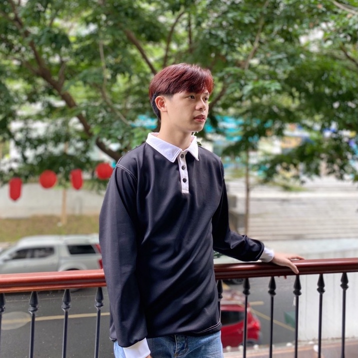 Áo Polo Dài Tay Unisex Phối Chỉ Nổi Chất Cotton Cao Cấp,Áo Sweater Nam Nữ Cổ Bẻ Phối 2 Màu Đen Trắng Phong Cách Hàn Quốc