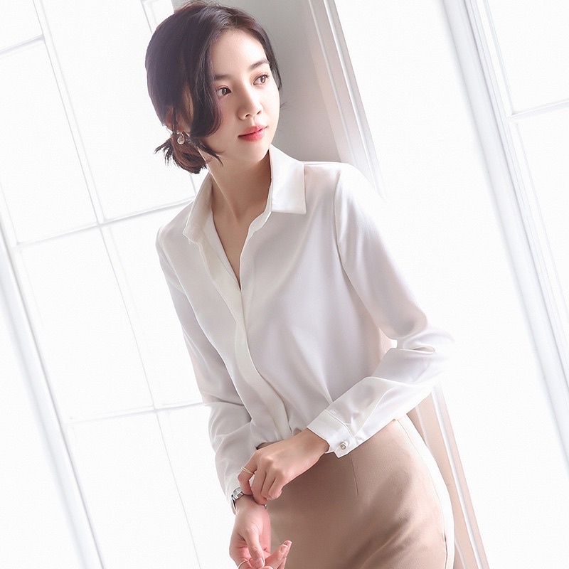 áo sơ mi trắng cổ đức dài tay phong cách công sở hàn quốc chất liệu tằm ý mềm mịn không nhăn nhàu màu A34