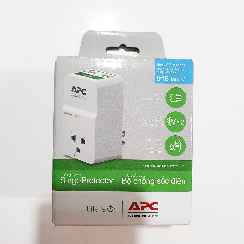 Ổ điện APC Home/Office SurgeArrest 1 Outlet with 2 Port 2.4A USB Charger 230V Việt Nam - Hàng Chính Hãng