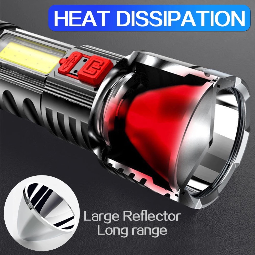 Đèn pin led xenon cob có pin sạc usb chống nước có đèn bên ánh sáng mạnh