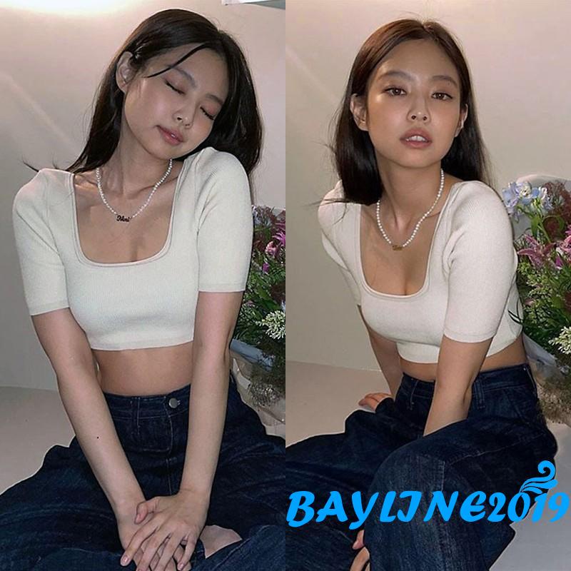 Áo thun gân croptop tay ngắn cổ vuông màu trơn thời trang cho nữ