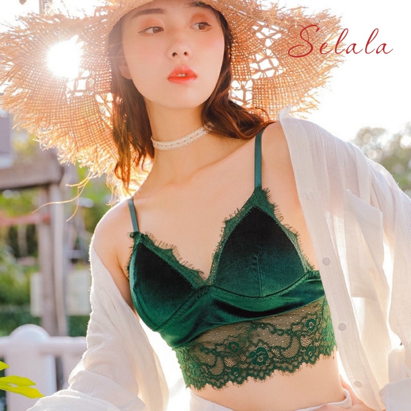 Áo Bra 2 Dây Selala Chất Nhung Viền Ren Siêu Gợi Cảm Thoáng Mát 2D17