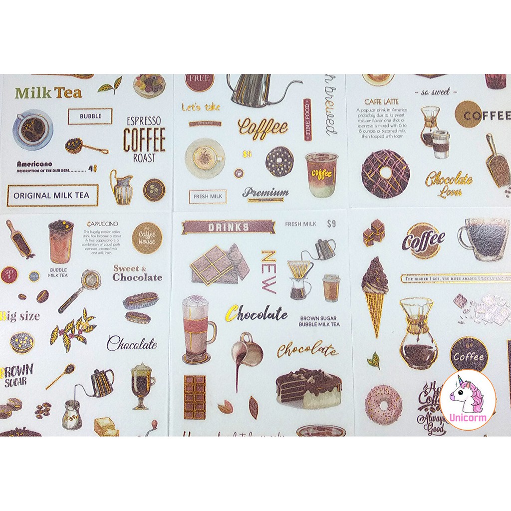 set 6 tấm sticker coffee and sweet time phong cách vintage siêu xinh - sticker dán trang trí planner sổ tay