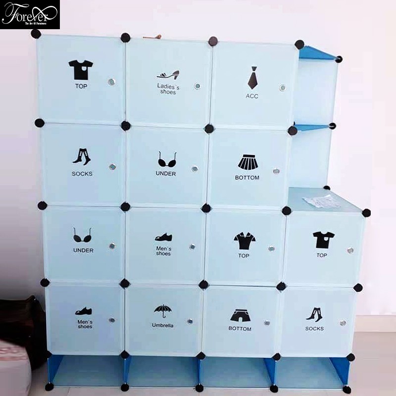 Tủ nhựa ghép 16 ô (2 ô xéo) màu xanh trời Decal quần áo bảo hành 1 đổi 1