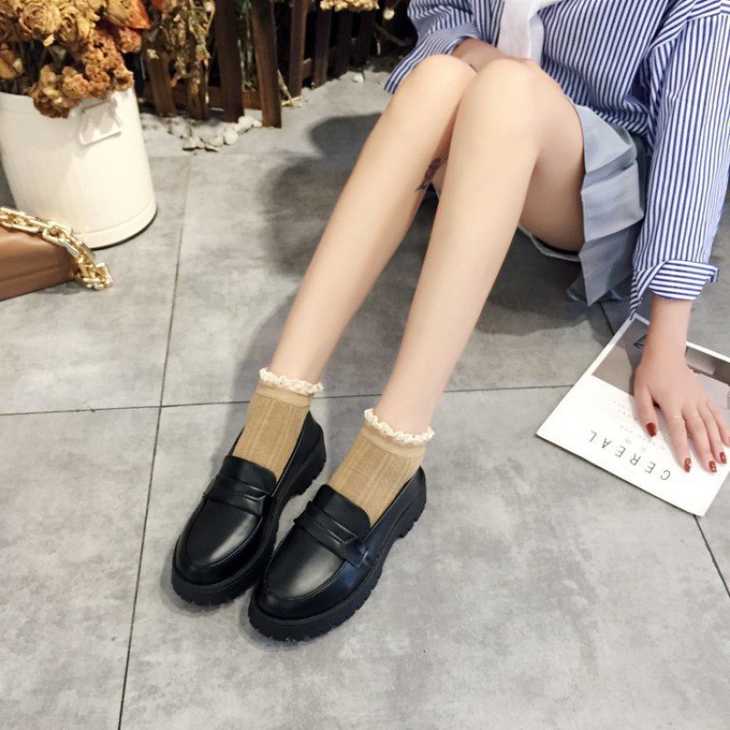 Giày Oxford nữ đen phong cách Hàn Quốc, giày da nữ mũi tròn, không dây buộc tiện lợi | BigBuy360 - bigbuy360.vn