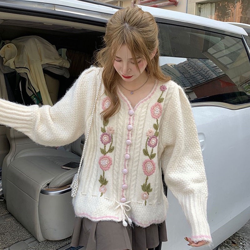 Áo Cardigan Len Thêu Hoa Cúc Bọc Siêu Tiểu Thư