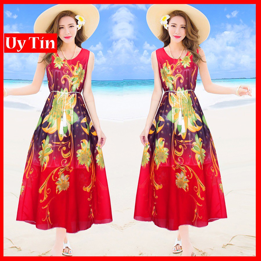 Đầm maxi voan hoa đỏ kèm dây thắt lưng DX09 - Đầm suông maxi đi biển, đi dạo phố damdutiecmaxi2019