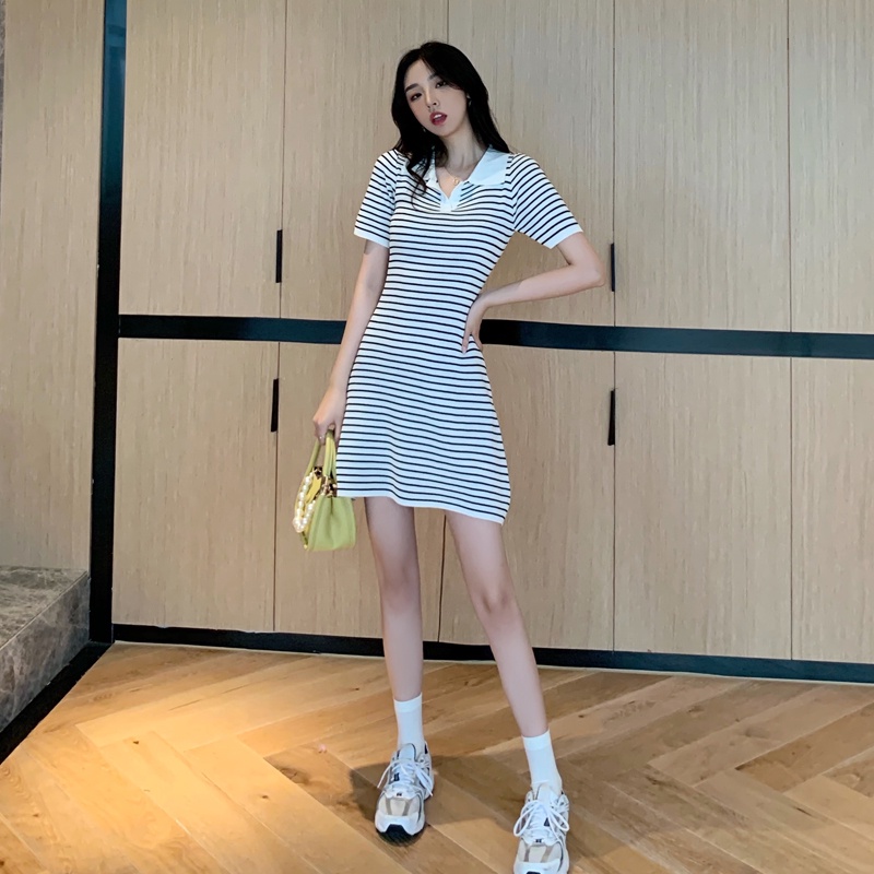Đầm dệt kim ZHELIHANGFEI tay ngắn cổ bẻ họa tiết kẻ sọc thời trang cho nữ