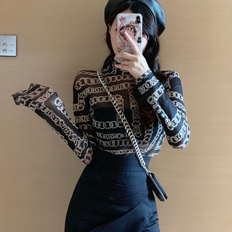 Áo Thun Lưới Tay Dài Xuyên Thấu In Họa Tiết Dây Xích Gợi Cảm Thời Trang Hàn Quốc Cho Nữ